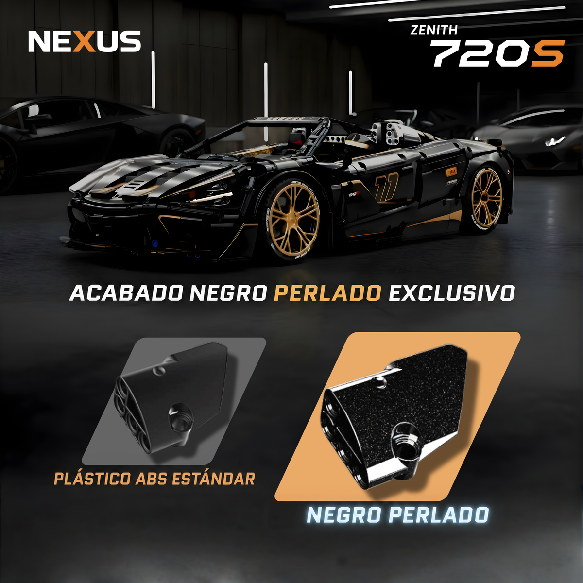 Piezas exclusivas en negro perlado del Zenith 720S comparadas con plástico ABS estándar