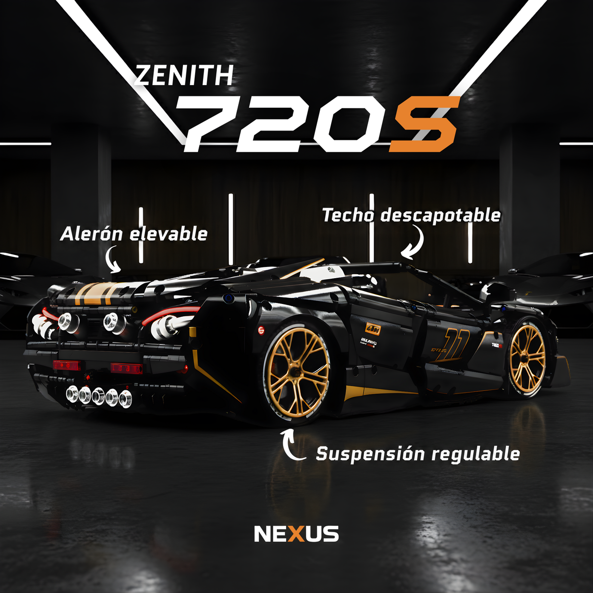 Vista trasera del Zenith 720S con el alerón elevable, el techo descapotable y la suspensión regulable