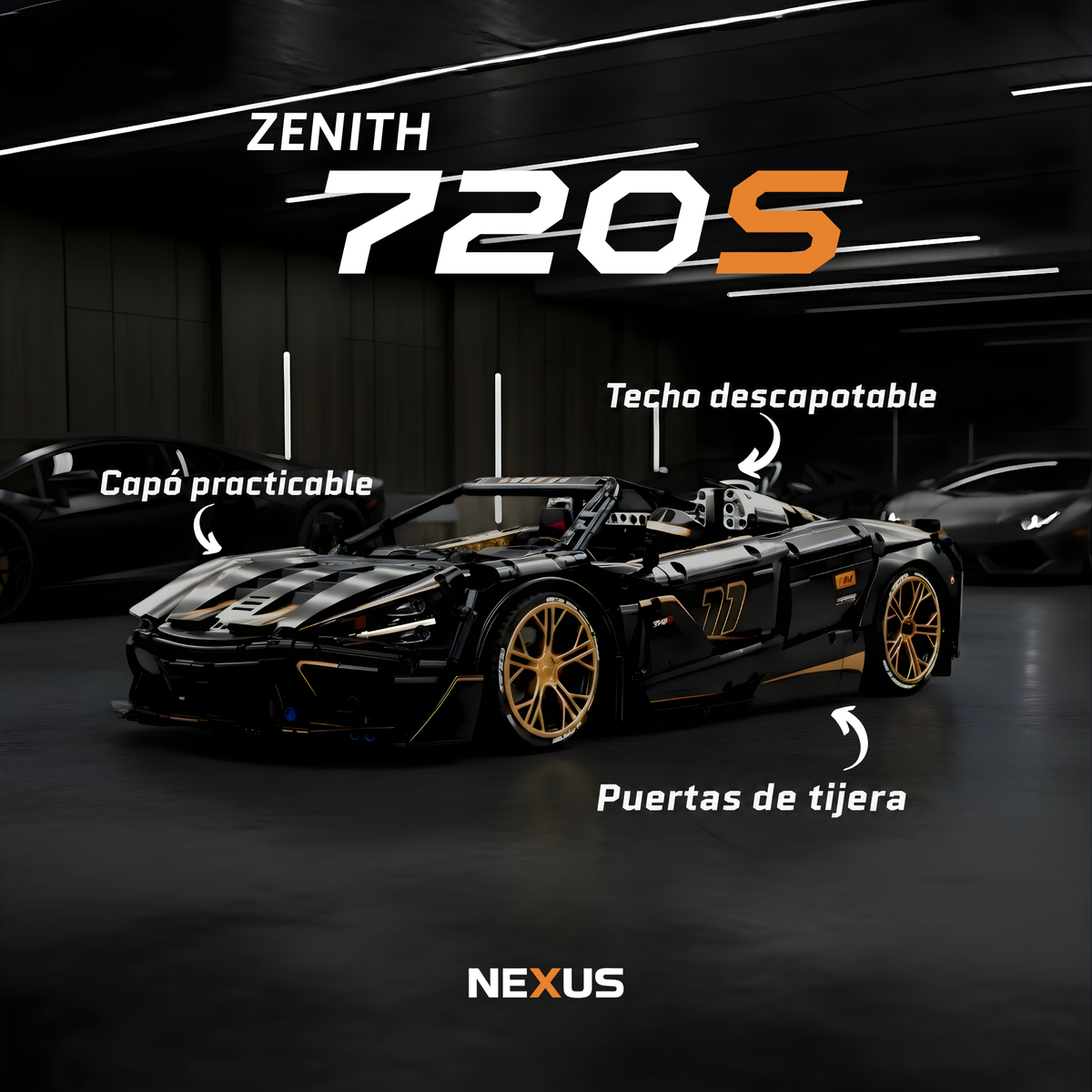 Vista frontal tres cuartos del Zenith 720S con el capó practicable, el techo descapotable y las puertas de tijera