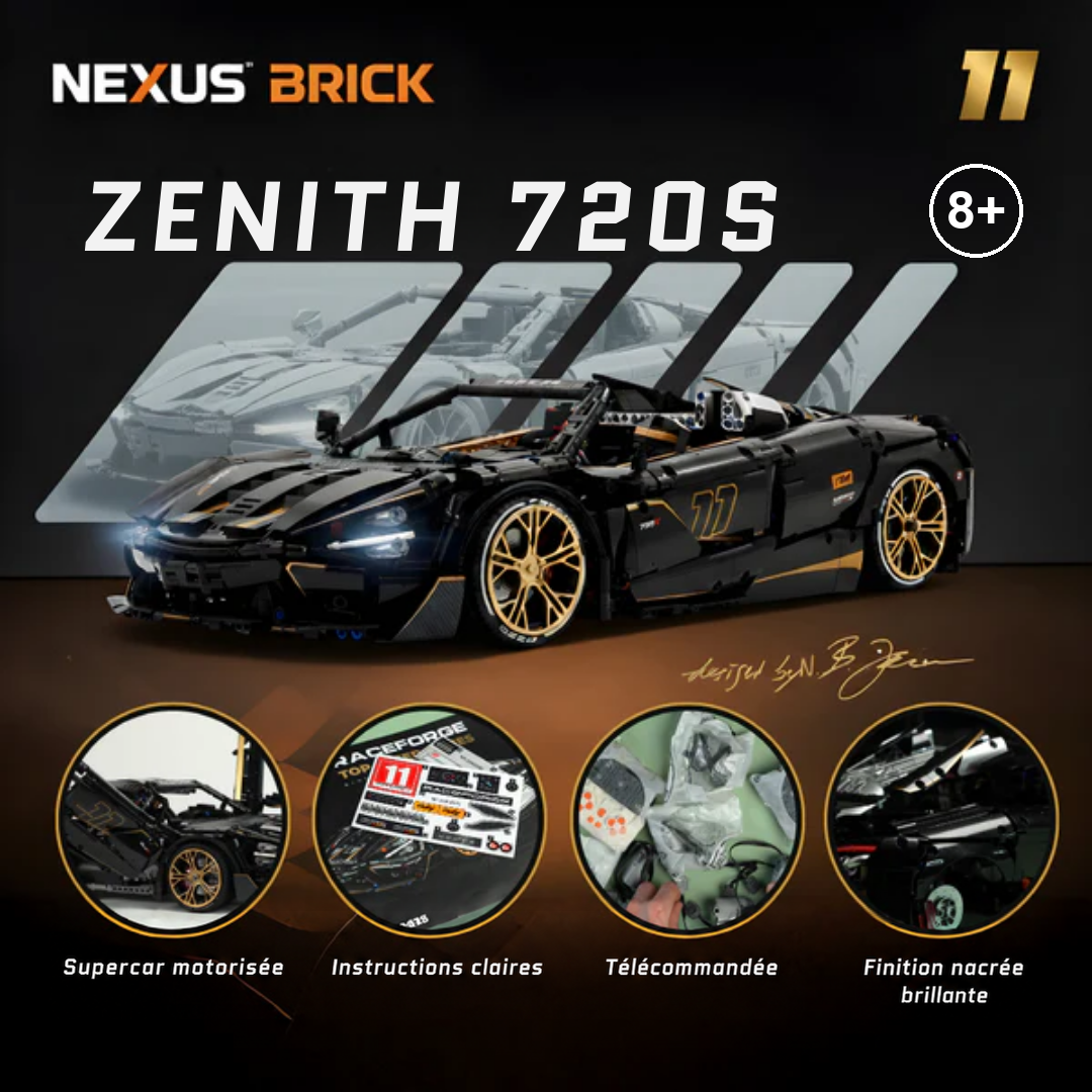 Aperçu du kit Zenith 720S à l’échelle 1:8 : supercar motorisée, instructions claires, télécommande et finition noir nacré brillante
