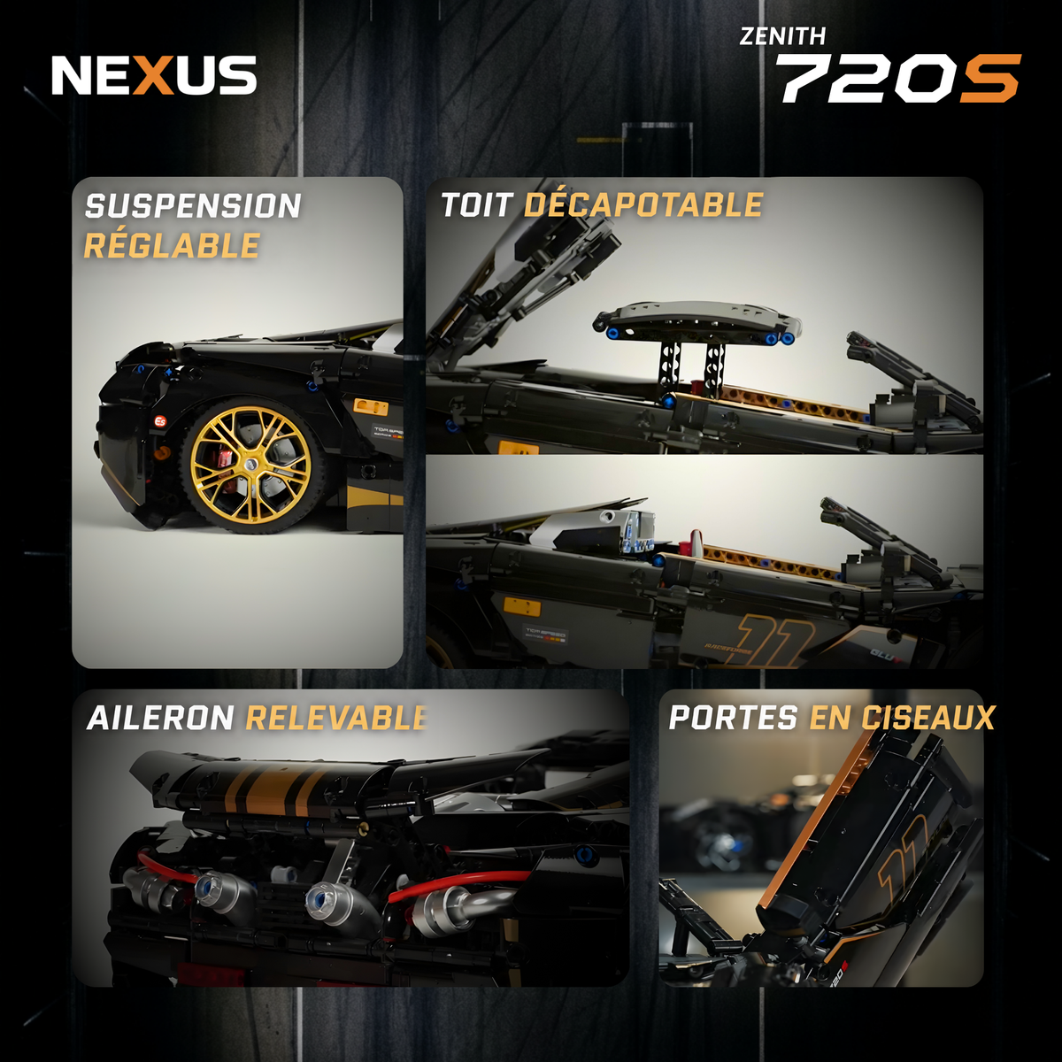 Fonctions du Zenith 720S : suspension réglable, toit décapotable, aileron relevable et portes en ciseaux