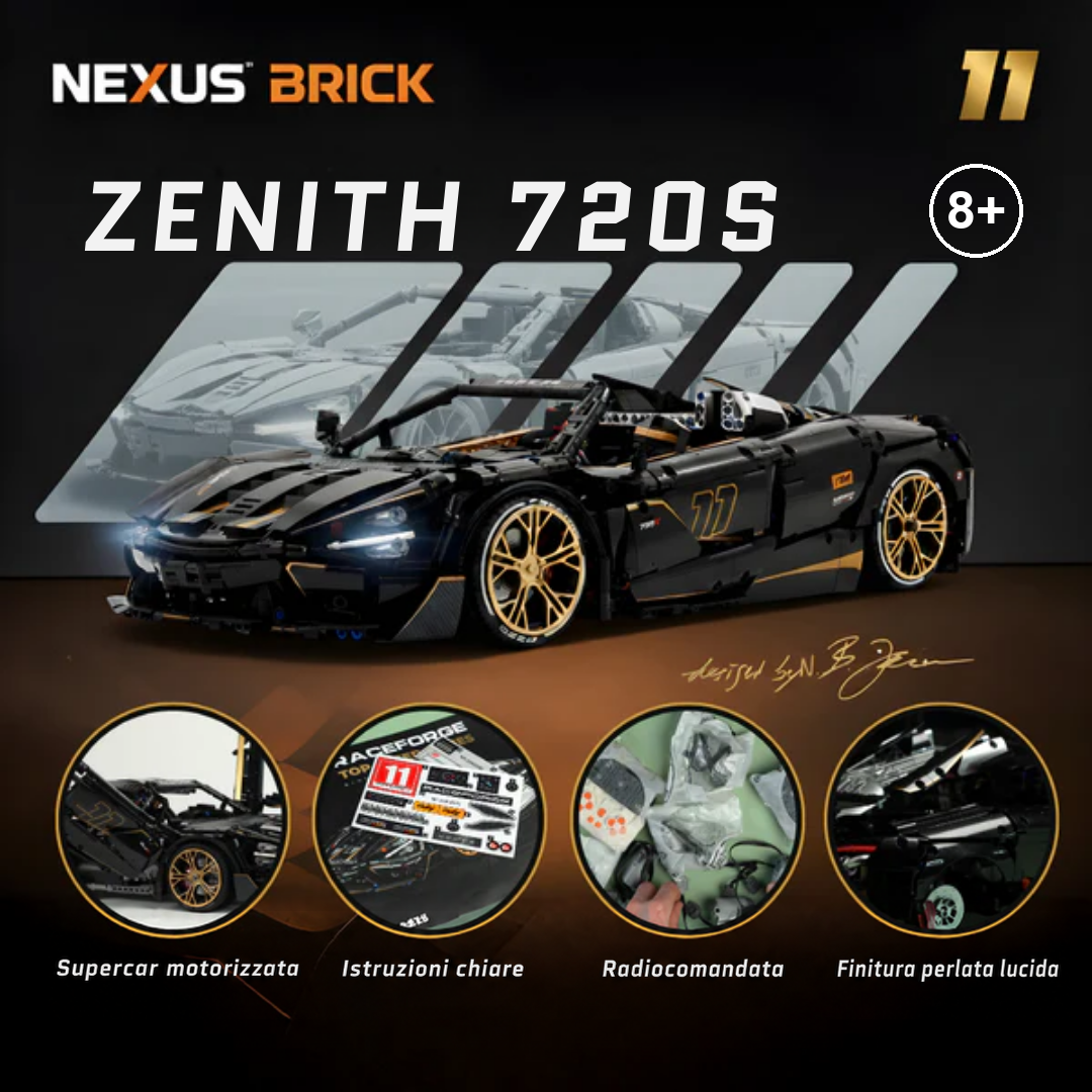 Panoramica del set Zenith 720S in scala 1:8: supercar motorizzata, istruzioni chiare, radiocomandata e finitura perlata lucida
