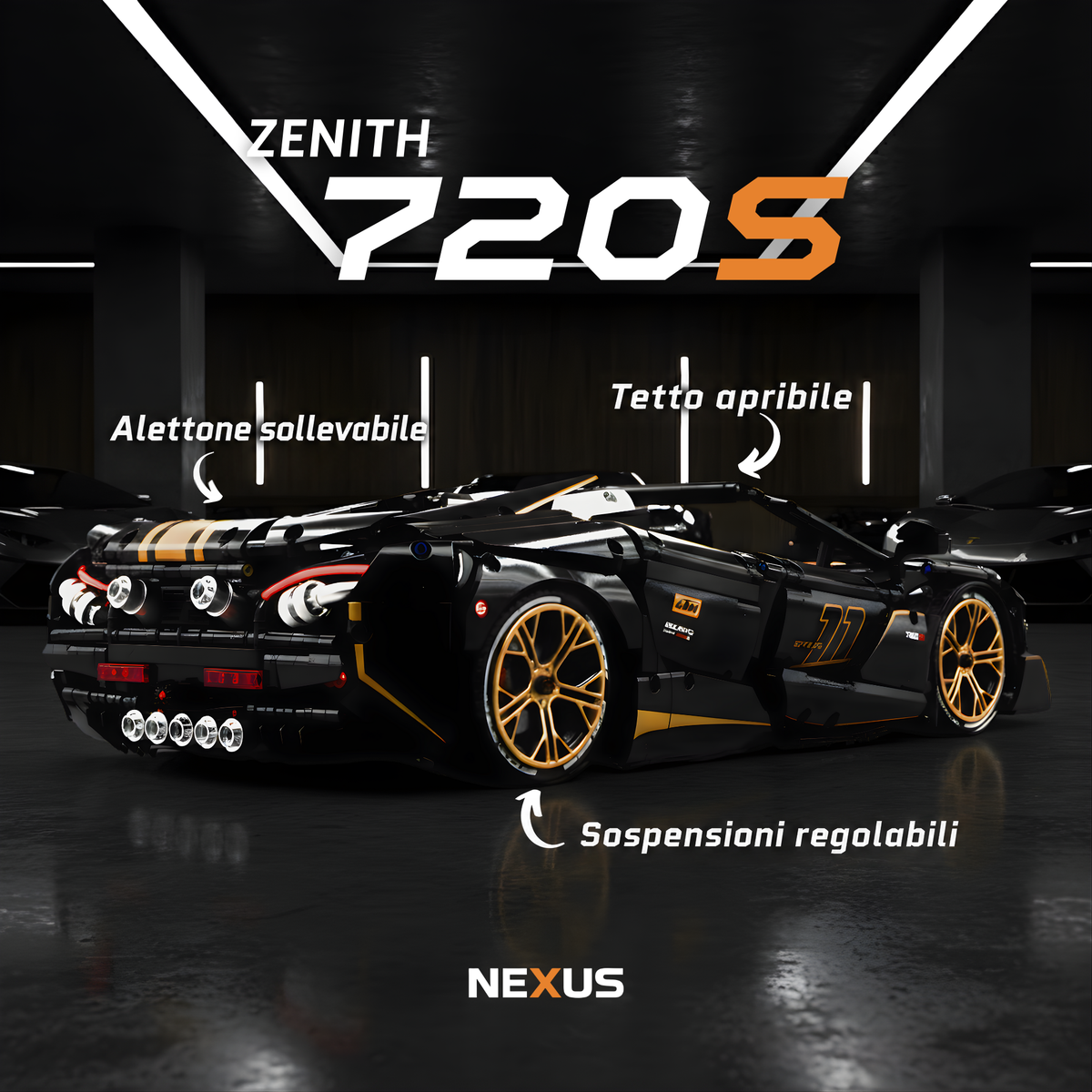 Vista posteriore della Zenith 720S con alettone sollevabile, tetto apribile e sospensioni regolabili