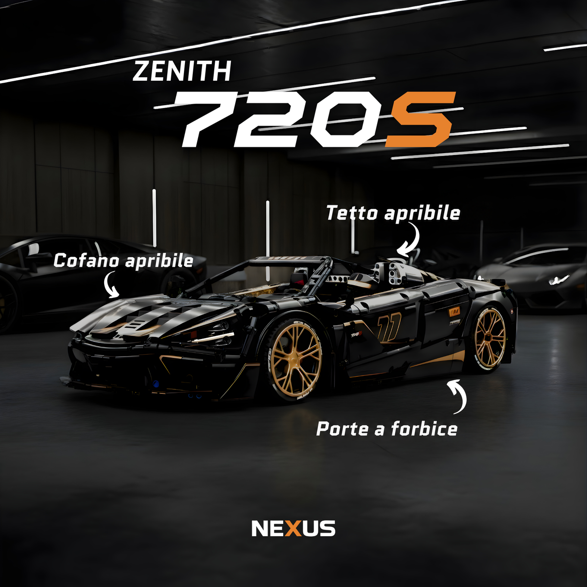 Vista anteriore di tre quarti della Zenith 720S con cofano apribile, tetto apribile e porte a forbice