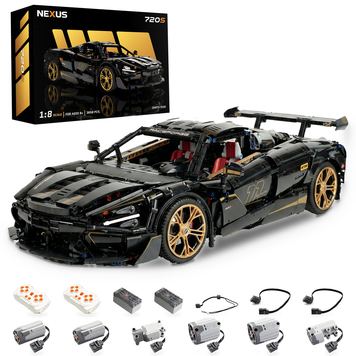 Zenith 720S 1:8 brick-built RC supercar with box, 2 remotes, 2 battery boxes, 6 motors, LED light and 2 extension cables