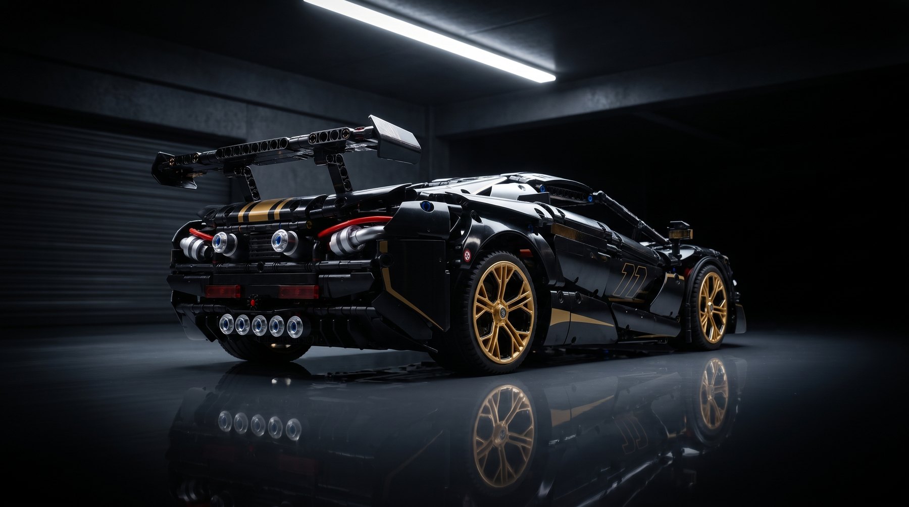 Zenith 720S black and gold 1:8 scale supercar model, rear three-quarter